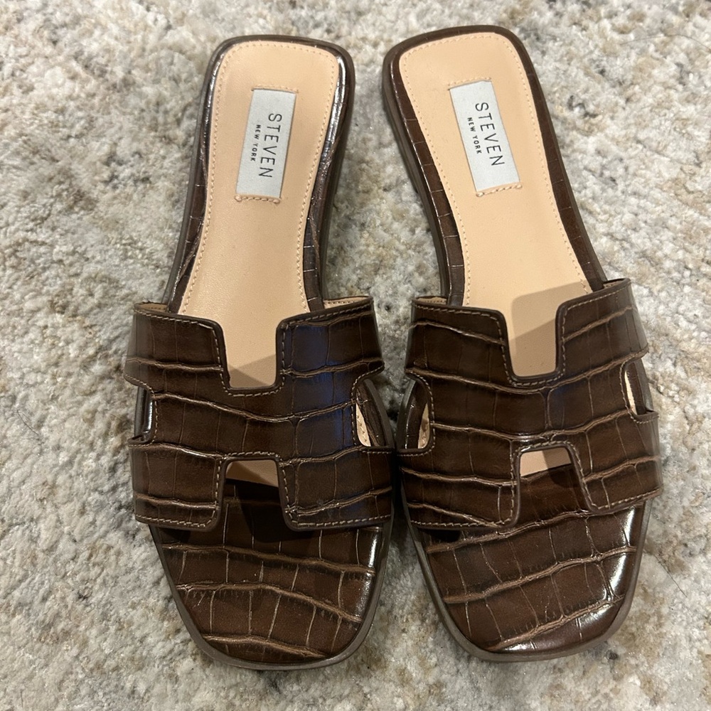 Steven New York Brown Croc-Embossed Sandal